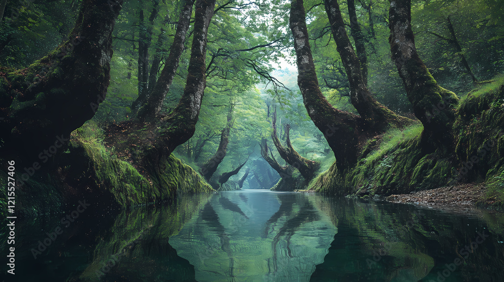 Fototapeta premium There is a river in the midst of an enchanted forest of asturias, surrounded by crooked trees. Enchanted River. Illustration
