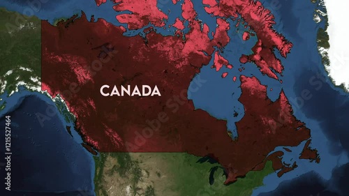 Zoom from Earth to Canada. World map animation with country borders, Images from NASA