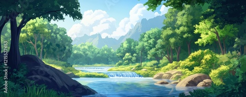 Serene mountain river landscape with sunlit forest and blue sky