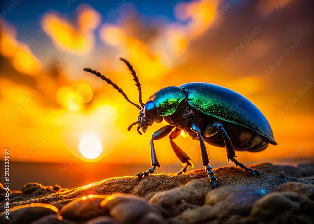 Fototapeta premium Silhouette of American Oil Beetle (Meloe americanus) against Sunset