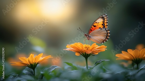 Butterfly on Orange Flower in Sunset Garden photo