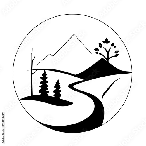 Serene Landscape: Minimalist Black and White Mountain River Scene.  A peaceful nature illustration, perfect for nature lovers and graphic design projects.