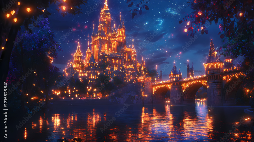 Obraz premium A magical depiction of europe landmarks, such as castles and cathedrals, glowing with mystical light and surrounded by enchanted forests and sparkling rivers. Enchanted River. Illustration