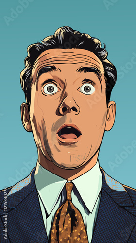 Man expressing surprise in vibrant pop art style while dressed in a classic suit