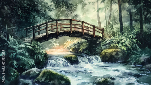 A rustic wooden bridge over a flowing river in a dense forest, with mosscovered stones and delicate ferns, vintage, watercolor. Enchanted River. Illustration photo