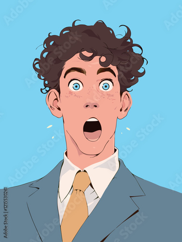 Man in pop art style with surprised expression wearing a classic suit against a blue background