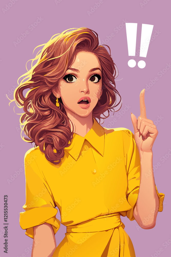 Woman in yellow dress pointing with surprise towards something off to the side in a playful animated style Woman in yellow dress pointing with surprise towards something off to the side in a playful animated style