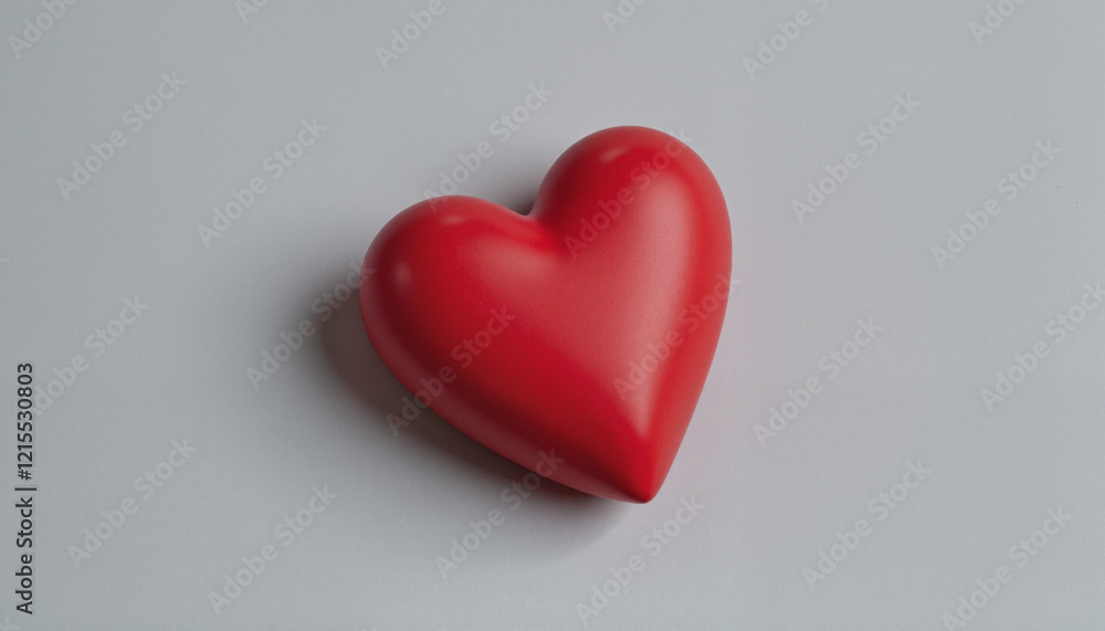 Shiny red heart object on smooth light gray surface with natural lighting and subtle shadow Shiny red heart object on smooth light gray surface with natural lighting and subtle shadow