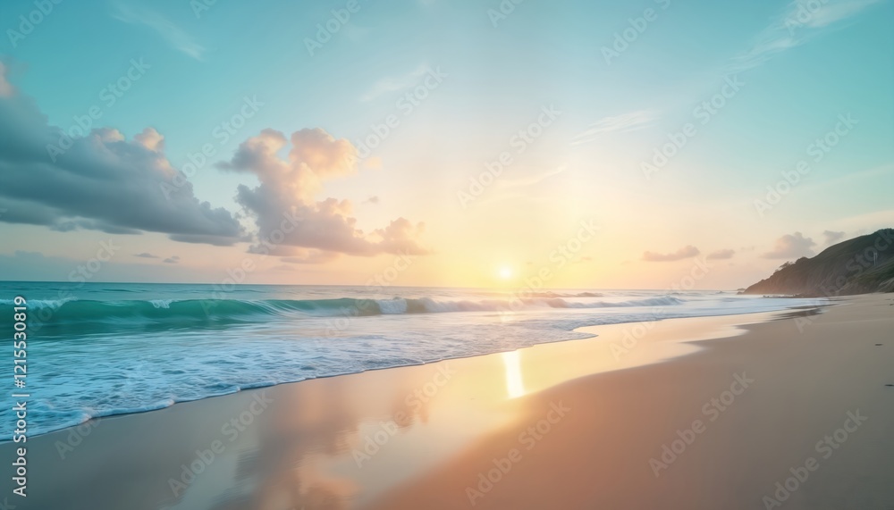 Obraz premium Serene sunset scene on beach with smooth sand, ample sky space. Calm waves gently wash shore reflecting sunset colors. Tranquil vacation ambiance. Ideal for relaxation, travel themed publications.