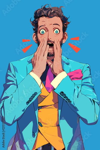 Surprised man in colorful attire expressing astonishment in a vibrant pop art setting