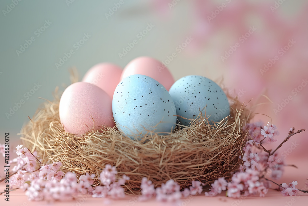 Colorful Easter eggs in a nest surrounded by сherry Blossoms Colorful Easter eggs in a nest surrounded by сherry Blossoms
