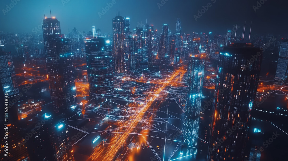 Smart digital Innovation city with connection network reciprocity over the twilight cityscape. of future smart wireless digital city and social media networking systems that connects people with city Smart digital Innovation city with connection network reciprocity over the twilight cityscape. of future smart wireless digital city and social media networking systems that connects people with city