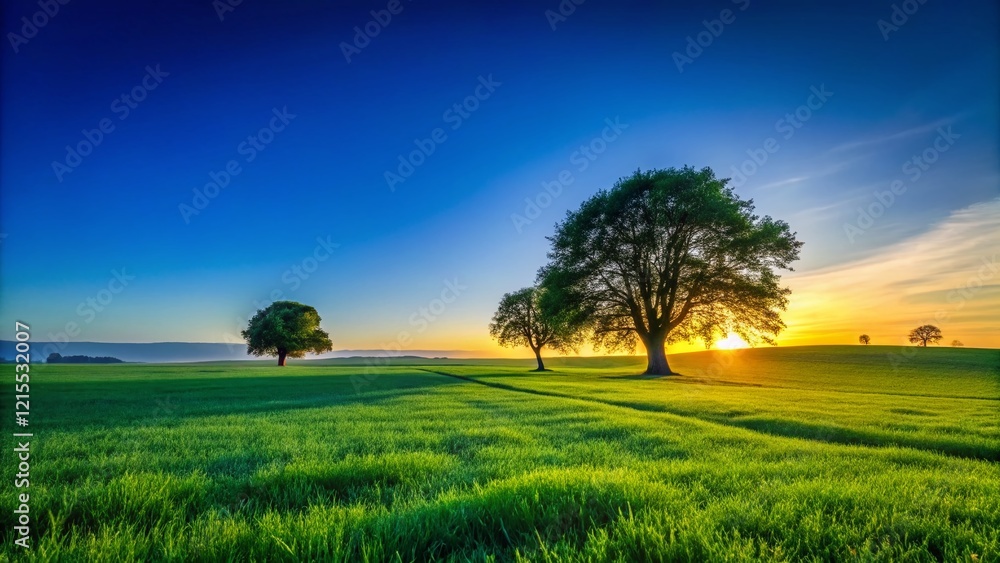 Obraz premium Silhouette of Trees on Green Grassland Under a Vivid Blue Sky - Stunning Nature Stock Photo