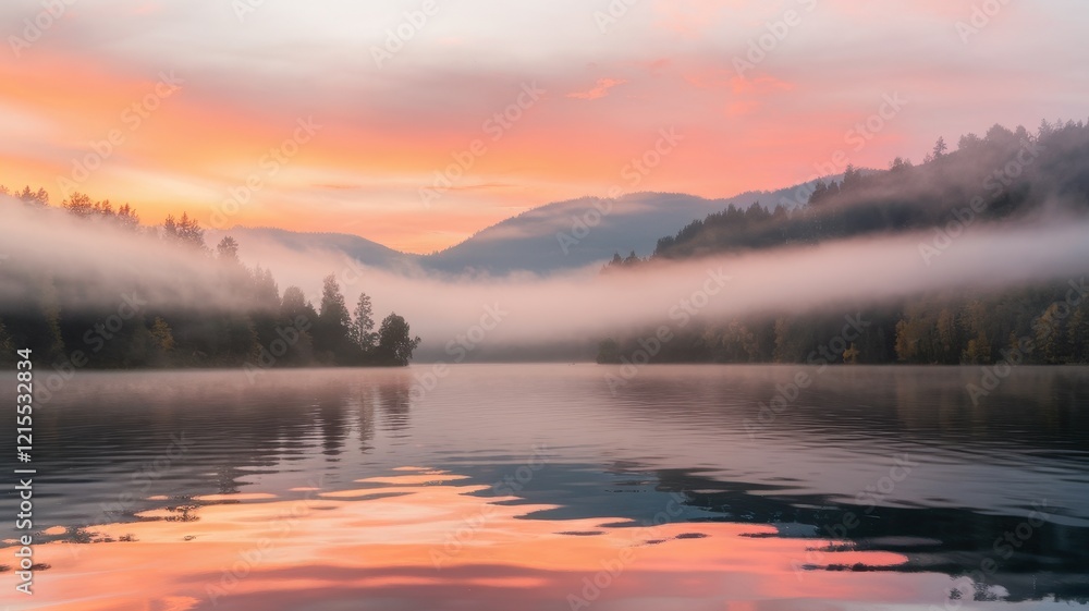 A serene early morning landscape with soft pink and orange hues reflecting on a calm lake, surrounded by misty mountains and trees. A serene early morning landscape with soft pink and orange hues reflecting on a calm lake, surrounded by misty mountains and trees.