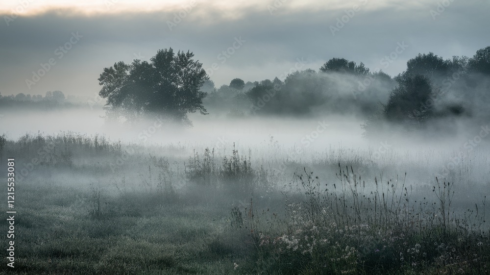A tranquil early morning scene featuring mist gently rolling over a serene landscape with trees partially obscured by fog. A tranquil early morning scene featuring mist gently rolling over a serene landscape with trees partially obscured by fog.