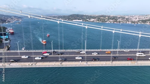 Istanbul, Turkey. Istanbul Canal, Bosphoros canal and Bosphorus Bridge known officially as the 15 July Martyrs Bridge. Drone Point. photo