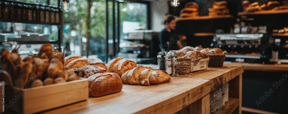 Rustic bakery interior with freshly baked bread on wooden counter Rustic bakery interior with freshly baked bread on wooden counter