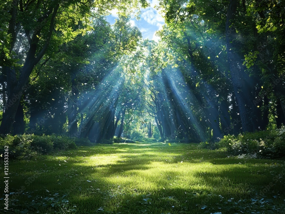 Obraz premium Dreamy emerald green foliage shimmers beneath tree canopy in a wide shot nature landscape enchanting view of depth