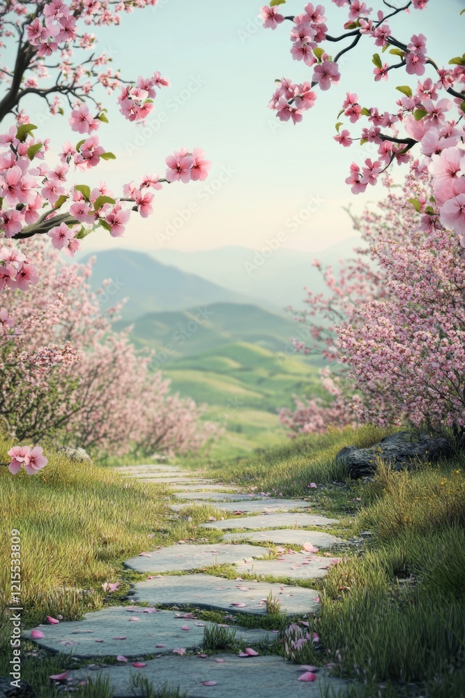 Scenic view of a peaceful stone path leading through a field of blossoming peach trees, with rolling hills and mountains in the background Scenic view of a peaceful stone path leading through a field of blossoming peach trees, with rolling hills and mountains in the background