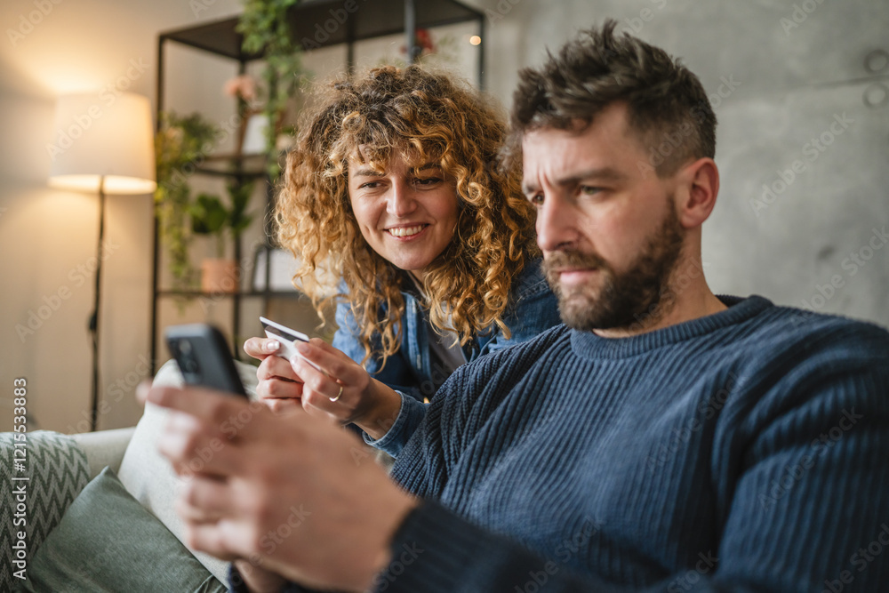 boyfriend and girlfriend use cellphone and credit card shopping online boyfriend and girlfriend use cellphone and credit card shopping online