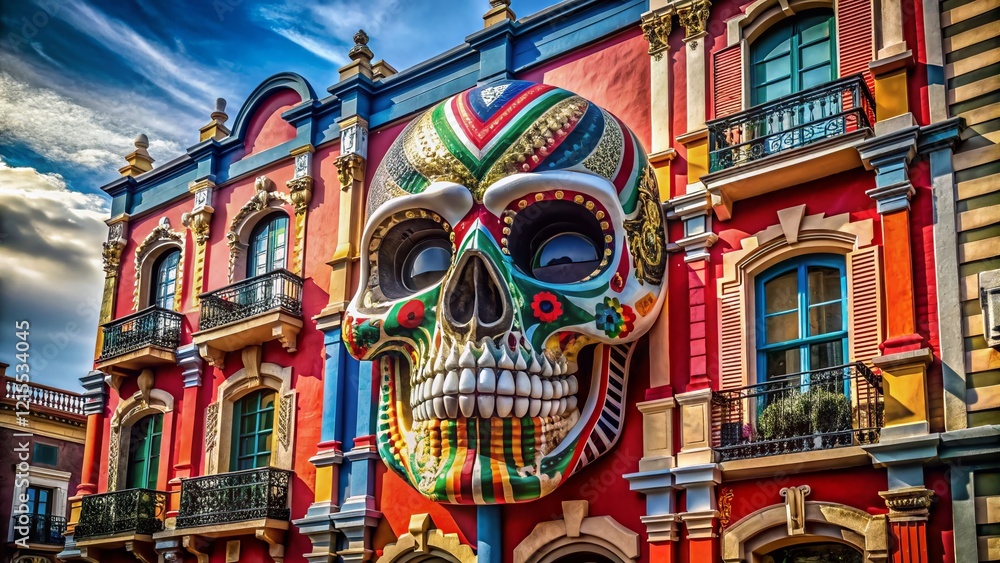 Obraz premium Skull-Shaped Building Facade, National Flag Colors, Architectural Detail