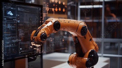 Advanced robotic arm manipulating a futuristic computer screen filled with complex data, charts, and code, highlighting automation and innovation in a high tech lab