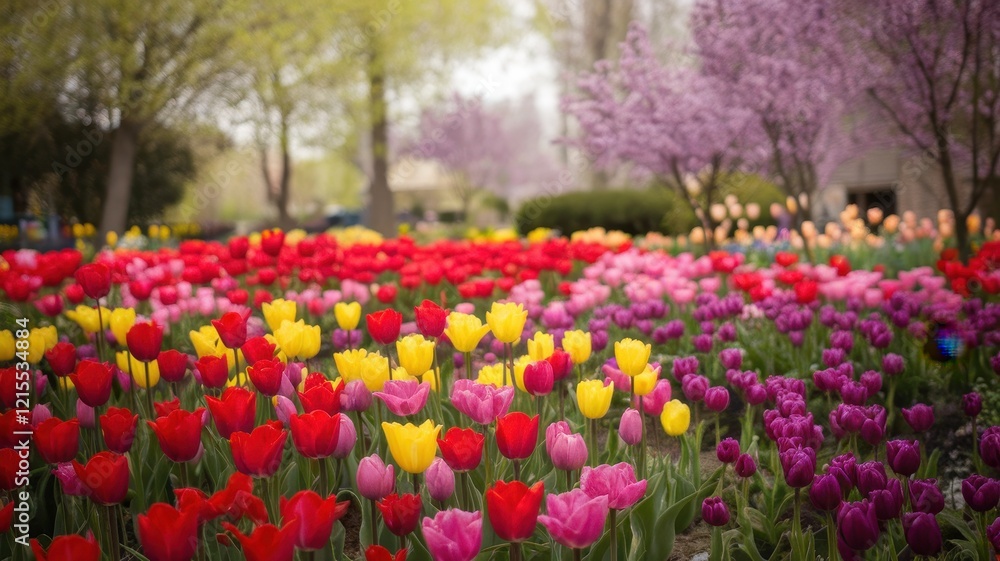 A vibrant spring garden filled with a colorful array of tulips in red, yellow, pink, and purple under a soft, dreamy light. A vibrant spring garden filled with a colorful array of tulips in red, yellow, pink, and purple under a soft, dreamy light.