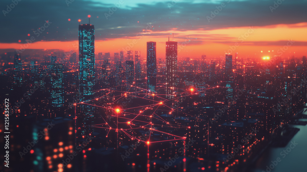 Obraz premium Smart digital Innovation city with connection network reciprocity over the twilight cityscape. of future smart wireless digital city and social media networking systems that connects people with city