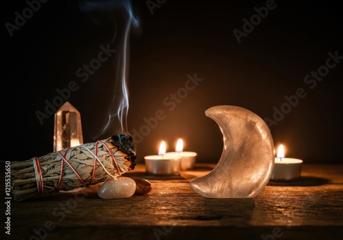 Smoldering white sage bundle, selenite moon, and lit candles creating a calming and spiritual atmosphere photo