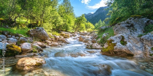 A serene river flows through a lush green landscape beneath a bright blue sky. The vibrant colors and natural beauty create a peaceful and inviting scene. Perfect for nature lovers. AI