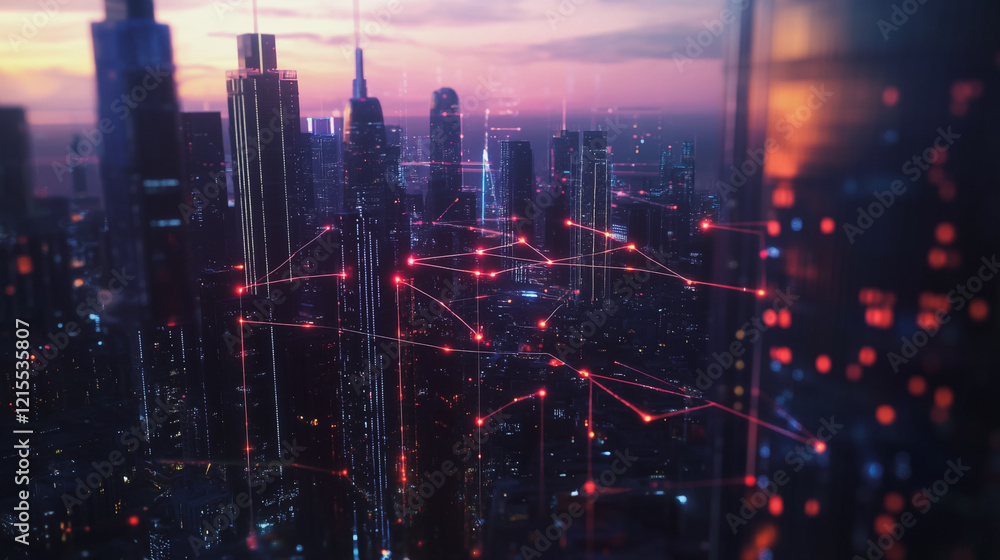 Smart digital Innovation city with connection network reciprocity over the twilight cityscape. of future smart wireless digital city and social media networking systems that connects people with city Smart digital Innovation city with connection network reciprocity over the twilight cityscape. of future smart wireless digital city and social media networking systems that connects people with city