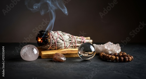Smoldering white sage bundle on palo santo wood with healing crystals and rudraksha beads, creating a mystical atmosphere for a cleansing ritual