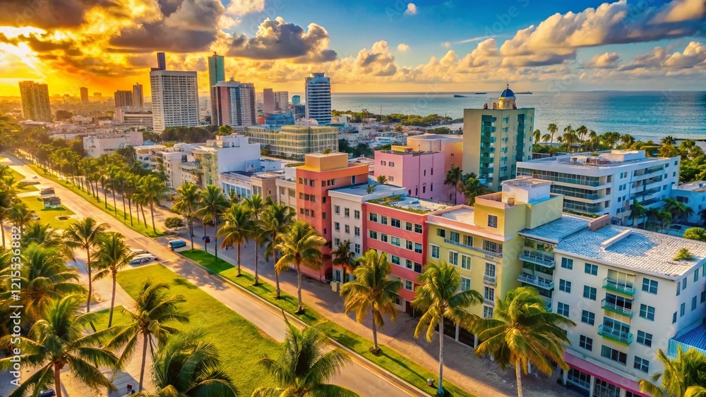 Fototapeta premium South Beach Art Deco Architecture: Aerial Drone View of Pastel-Colored Buildings, Miami Beach