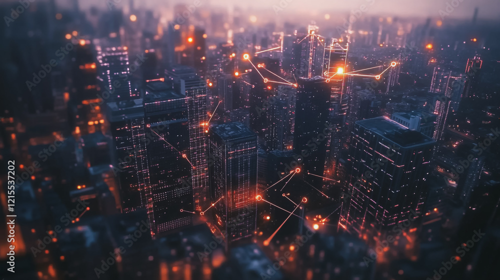 Fototapeta premium Smart digital Innovation city with connection network reciprocity over the twilight cityscape. of future smart wireless digital city and social media networking systems that connects people with city