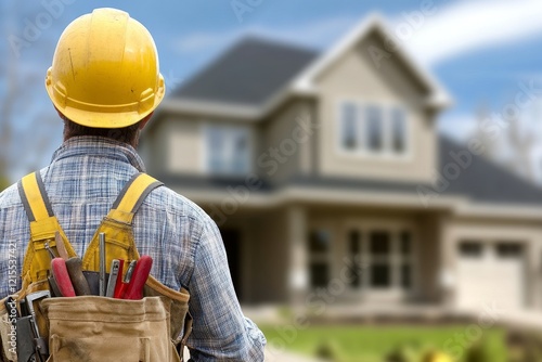 A Construction Worker Observing the New Home Build at Beautiful Sunset, Appreciating the Hard Work and Craftsmanship photo