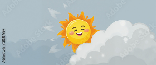 Smiling cartoon sun peeking through fluffy clouds, conveying a cheerful and bright atmosphere during adverse weather
