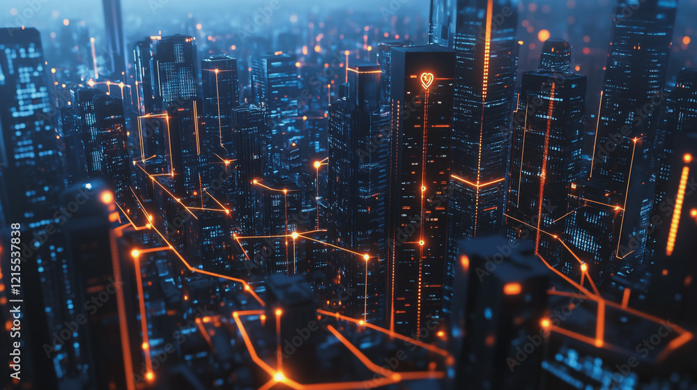 Smart digital Innovation city with connection network reciprocity over the twilight cityscape. of future smart wireless digital city and social media networking systems that connects people with city Smart digital Innovation city with connection network reciprocity over the twilight cityscape. of future smart wireless digital city and social media networking systems that connects people with city