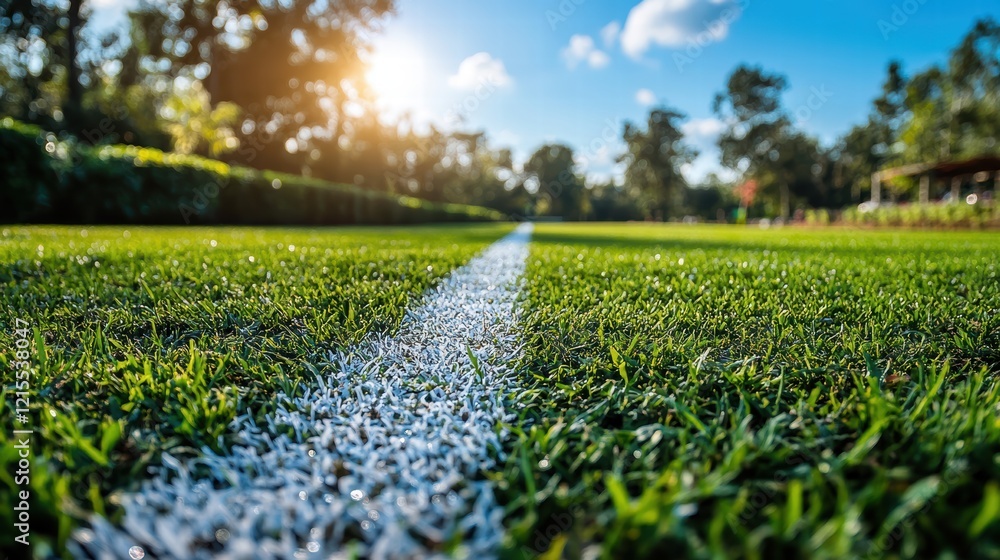 White line on a green grass field, a perspective shot of a sports field White line on a green grass field, a perspective shot of a sports field