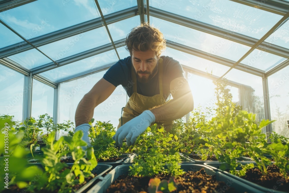 Frostresistant gardener tending to plants in a sunlit greenhouse closeup shot bright light streaming through glass Frostresistant gardener tending to plants in a sunlit greenhouse closeup shot bright light streaming through glass