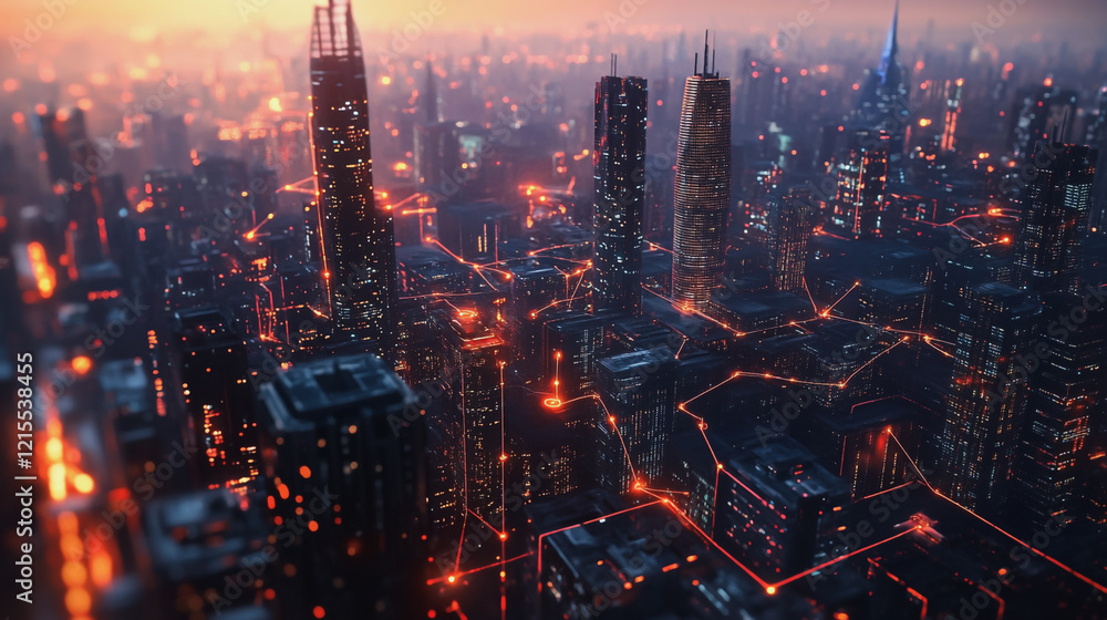 Fototapeta premium Smart digital Innovation city with connection network reciprocity over the twilight cityscape. of future smart wireless digital city and social media networking systems that connects people with city