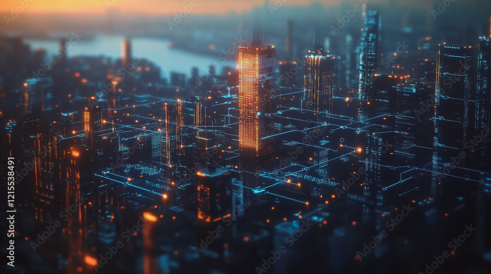 Fototapeta premium Smart digital Innovation city with connection network reciprocity over the twilight cityscape. of future smart wireless digital city and social media networking systems that connects people with city