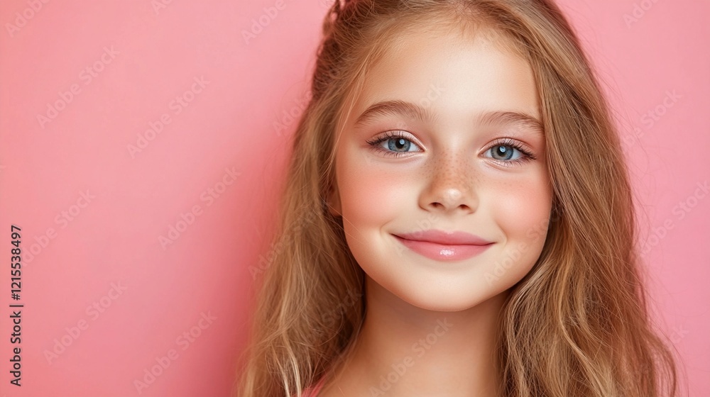 Portrait of a young girl with bright blue eyes and natural makeup smiling genuinely against pink background, showcasing pure childhood joy and innocence in modern beauty style. Portrait of a young girl with bright blue eyes and natural makeup smiling genuinely against pink background, showcasing pure childhood joy and innocence in modern beauty style.