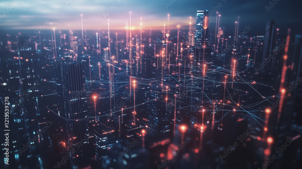 Smart digital Innovation city with connection network reciprocity over the twilight cityscape. of future smart wireless digital city and social media networking systems that connects people with city Smart digital Innovation city with connection network reciprocity over the twilight cityscape. of future smart wireless digital city and social media networking systems that connects people with city