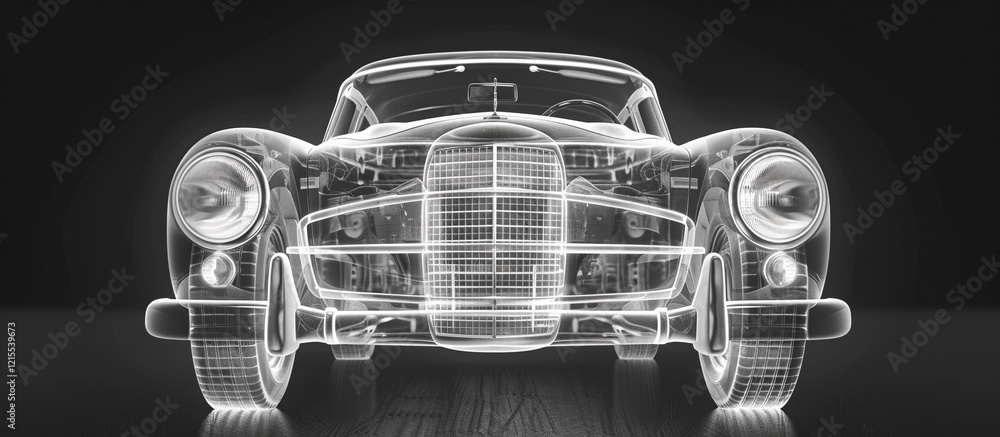 Obraz premium Car vehicle 3d blueprint mesh model on a black background. 3d rendered image