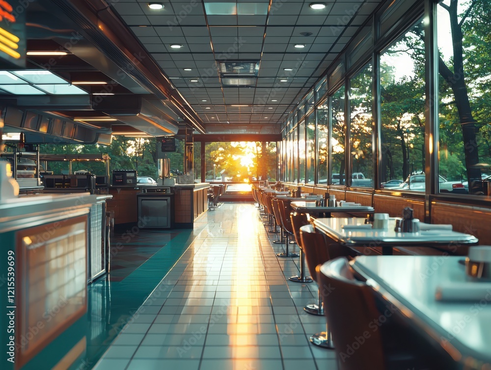 Fototapeta premium Nostalgic diner experience vintage led signs twilight lighting warm atmosphere interior view embracing retro culture