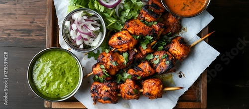 A flat lay of a Pakistani-style chicken tikka wrap with vibrant colors, served on a paper with a side of mint chutney and onion salad, placed on a wooden table at a busy London market.