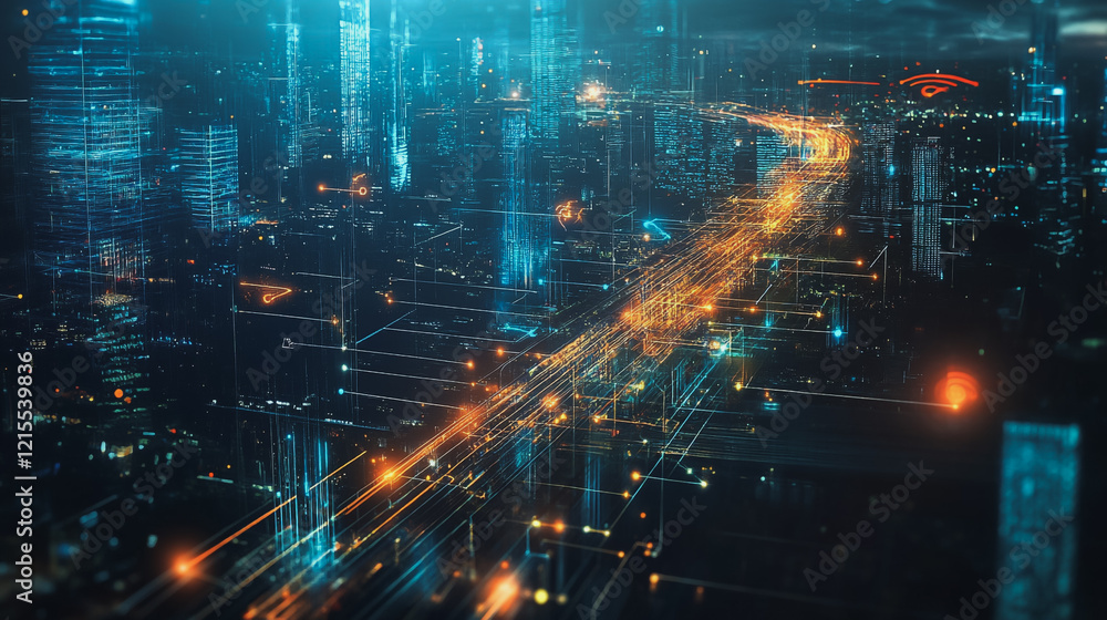 Smart digital Innovation city with connection network reciprocity over the twilight cityscape. of future smart wireless digital city and social media networking systems that connects people with city Smart digital Innovation city with connection network reciprocity over the twilight cityscape. of future smart wireless digital city and social media networking systems that connects people with city