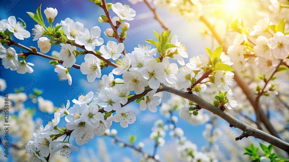 Obraz premium Spring Blossoms: White Plum Tree in Vibrant Bloom Under a Sunny Blue Sky