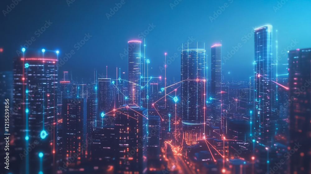 Obraz premium Smart digital Innovation city with connection network reciprocity over the twilight cityscape. of future smart wireless digital city and social media networking systems that connects people with city
