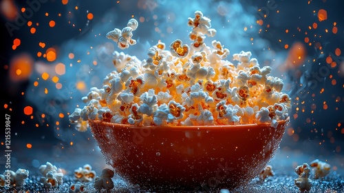 Popcorn bowl, movie night, smoky background, snack photo